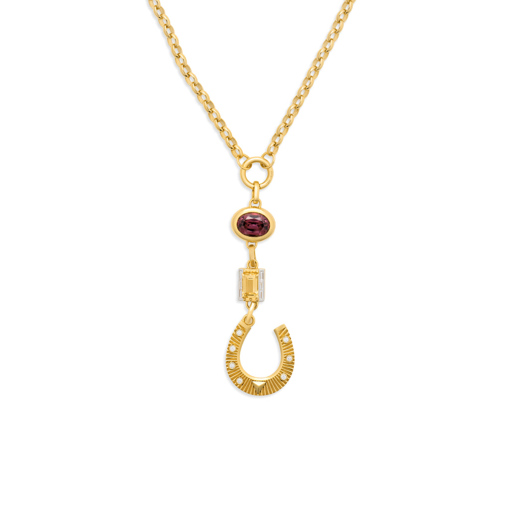 One of a Kind - Protection | Garnet Gemstone Cache Link and Horseshoe Heavy Belcher Open Chain | Diamonds, Garnet, Yellow Citrine, Yellow Gold view 1