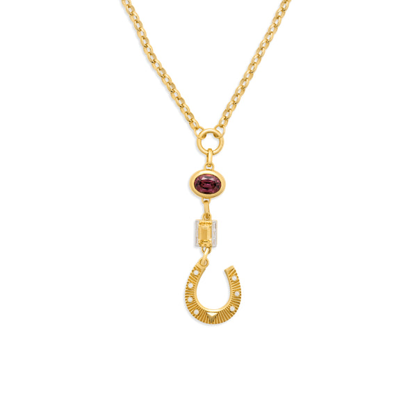 One of a Kind - Protection | Garnet Gemstone Cache Link and Horseshoe Heavy Belcher Open Chain | Diamonds, Garnet, Yellow Citrine, 18K Yellow Gold
