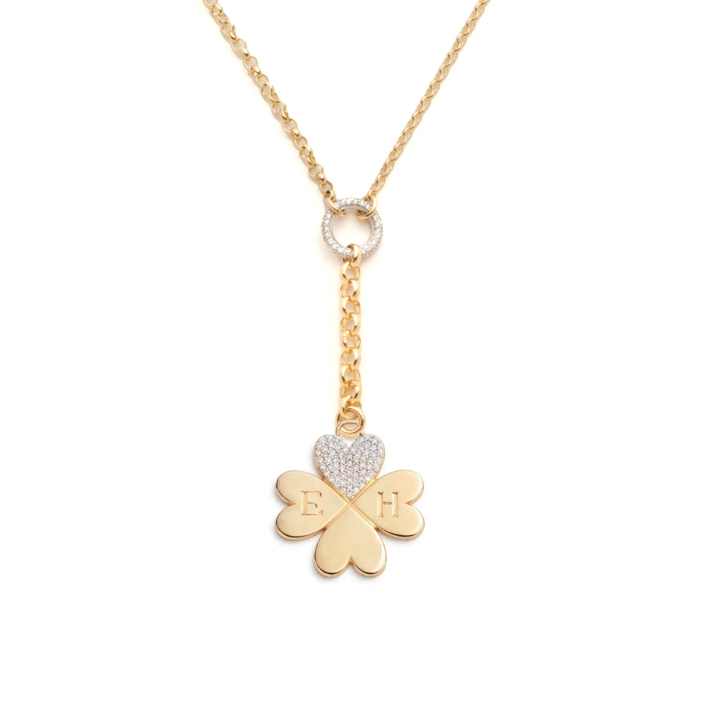 Pave Diamond Engravable Four Heart Clover : Small Mixed Belcher Necklace view 1