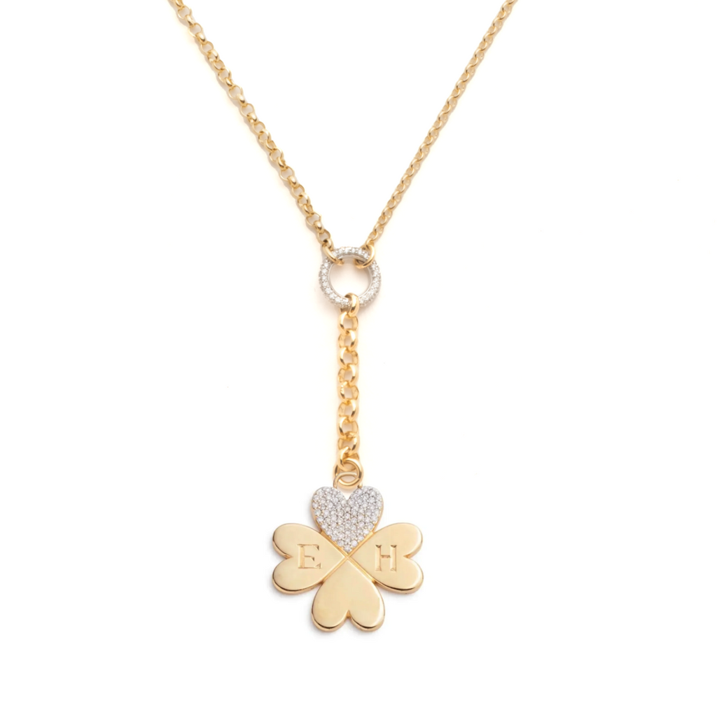 Pave Diamond Engravable Four Heart Clover : Small Mixed Belcher Necklace view 1
