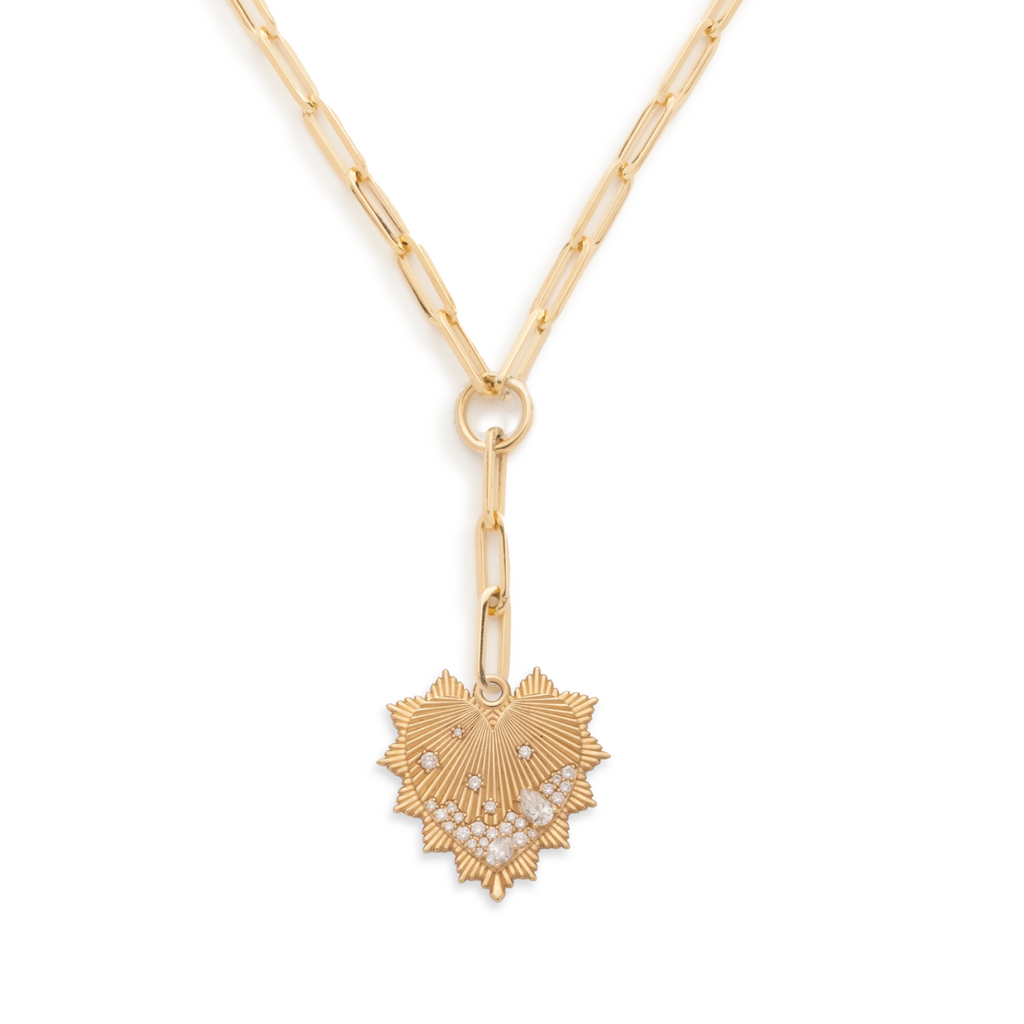 Encrusted Diamond Heart Love Token Classic Fob Clip Extension Necklace : in Yellow Gold view 1