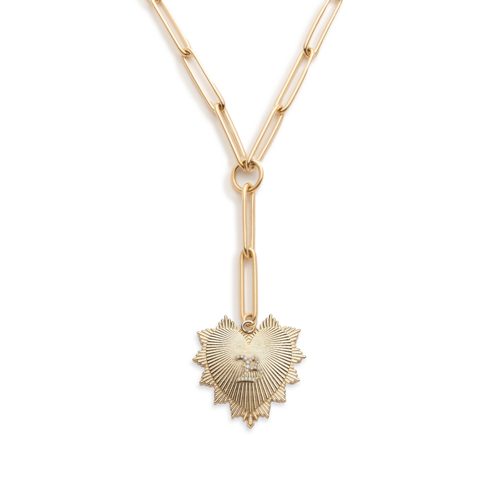 Heart Love Token Initial Extended Clip Extension Necklace : in Yellow Gold with Pave Diamonds view 1