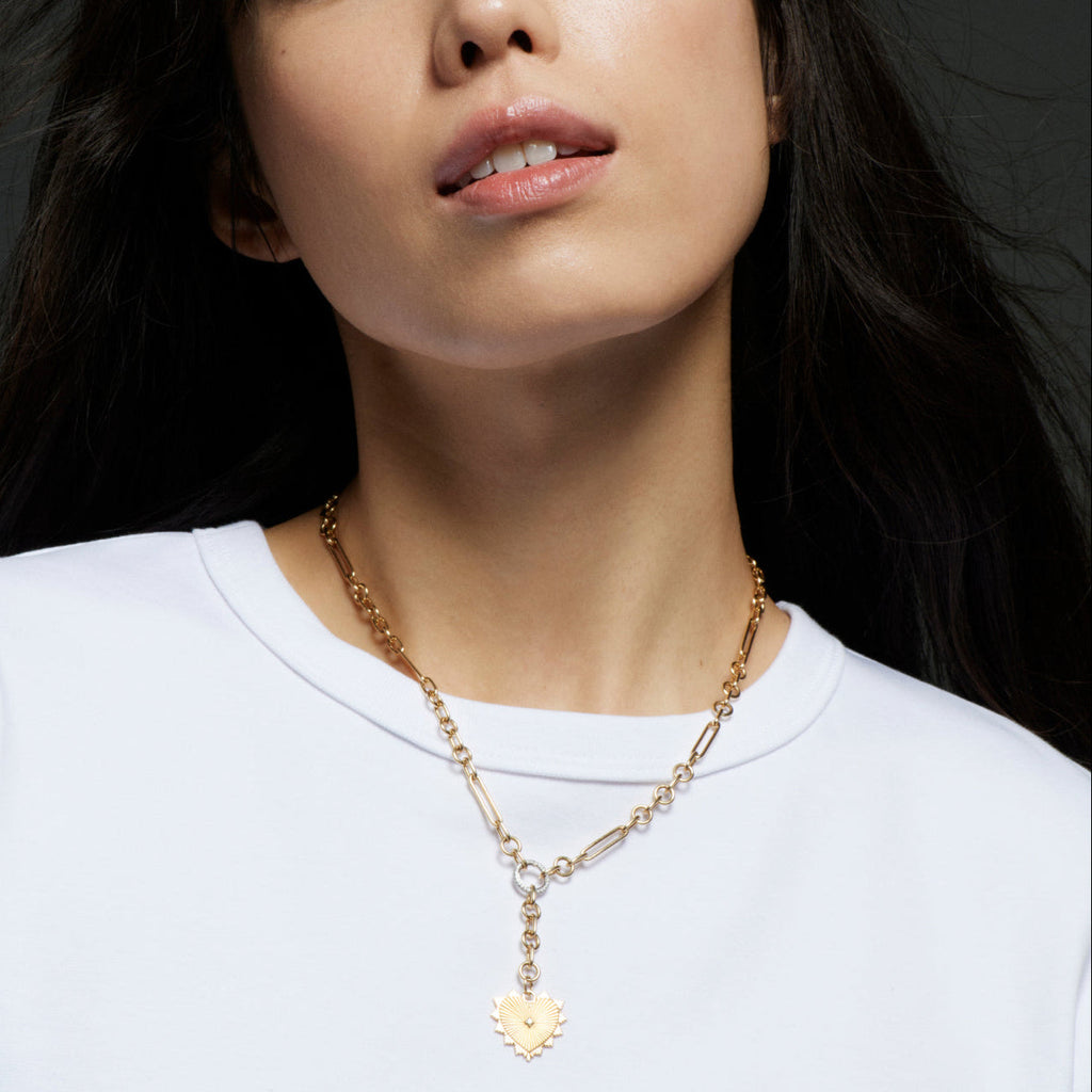 True Love | Heart Love Token Small Mixed Clip Extension Necklace | Diamond, Yellow Gold view 2