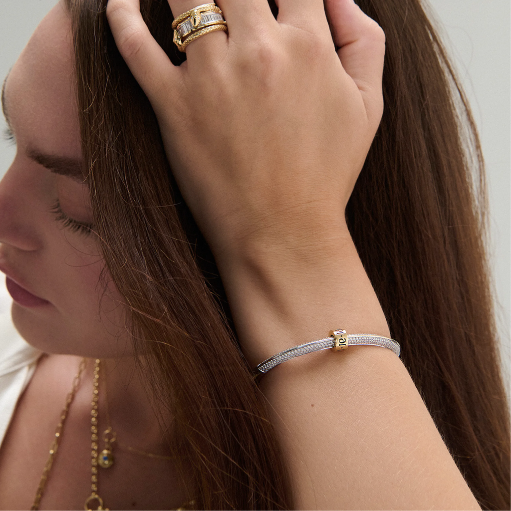Personalized - True Love | Custom Inscribed Heart Beat Pavé Strong Heart Bangle | Mixed Gold view 2