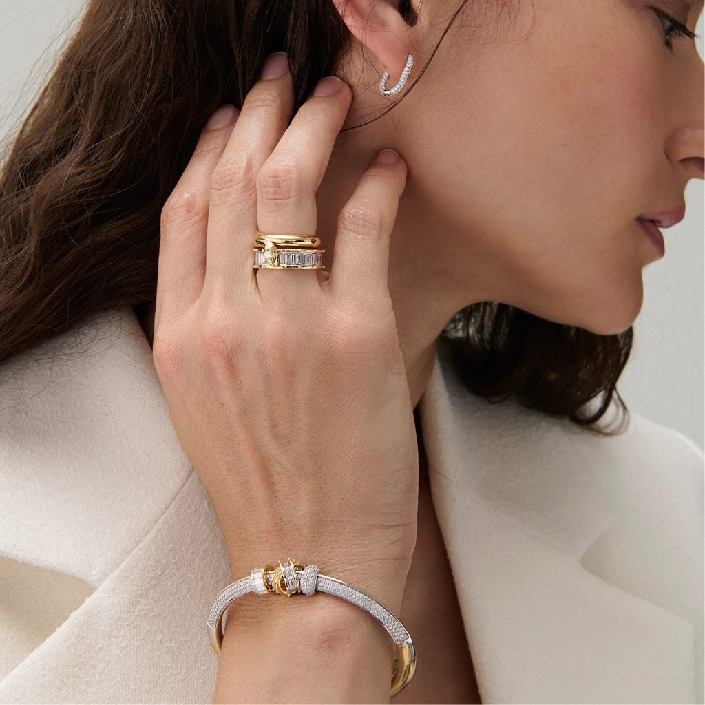 True Love | Interlocked and Orbit Pavé Strong Heart Bangle | Diamonds, Mixed Gold view 2