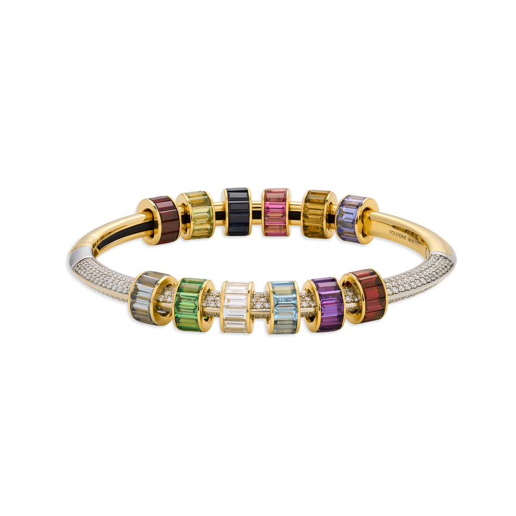 True Love | Baguette Birthstones Pavé Strong Heart Bangle | Multi-Stone, Yellow Gold view 1