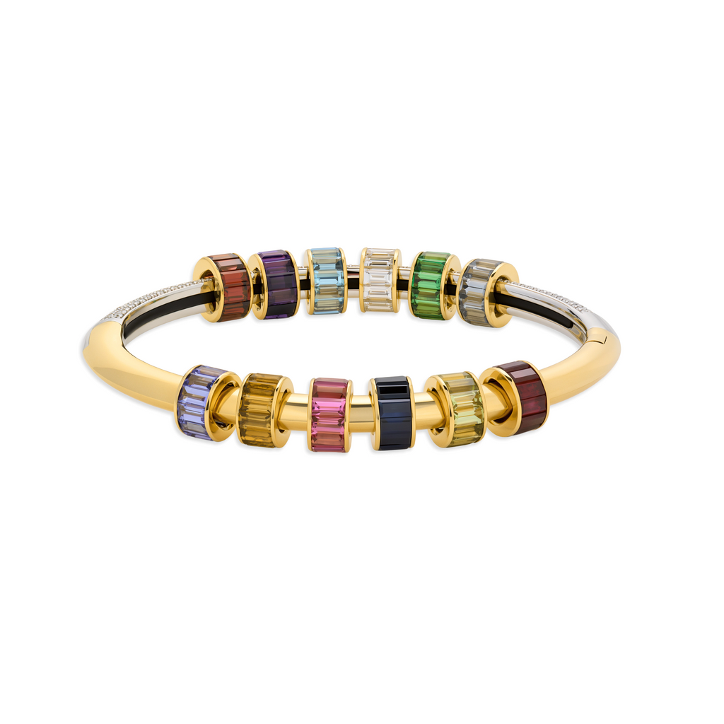 18K Mixed Gold True Love | Baguette Birthstones Pavé Strong Heart Bangle | Multi-Stone, Yellow Gold – FoundRae view 3