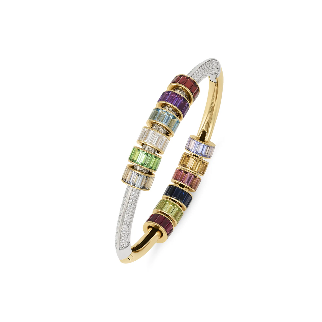 True Love | Baguette Birthstones Pavé Strong Heart Bangle | Multi-Stone, Yellow Gold view 1