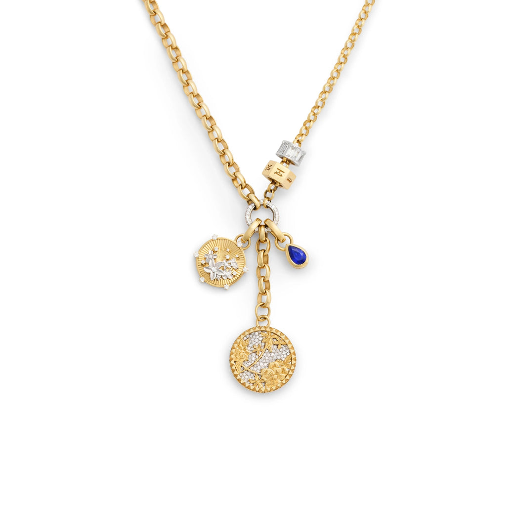 Personalized - Resilience | Pavé Floral Screen and Custom Heart Beat Heavy Mixed Belcher Extension Necklace | Diamonds, Blue Sapphire, Mixed Gold view 1