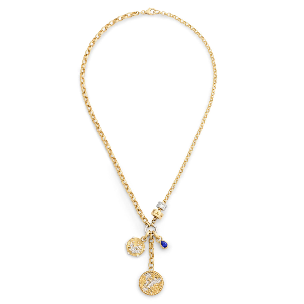 18K Mixed Gold Personalized - Resilience | Pavé Floral Screen and Custom Heart Beat Heavy Mixed Belcher Extension Necklace | Diamonds, Blue Sapphire, Mixed Gold – FoundRae view 3