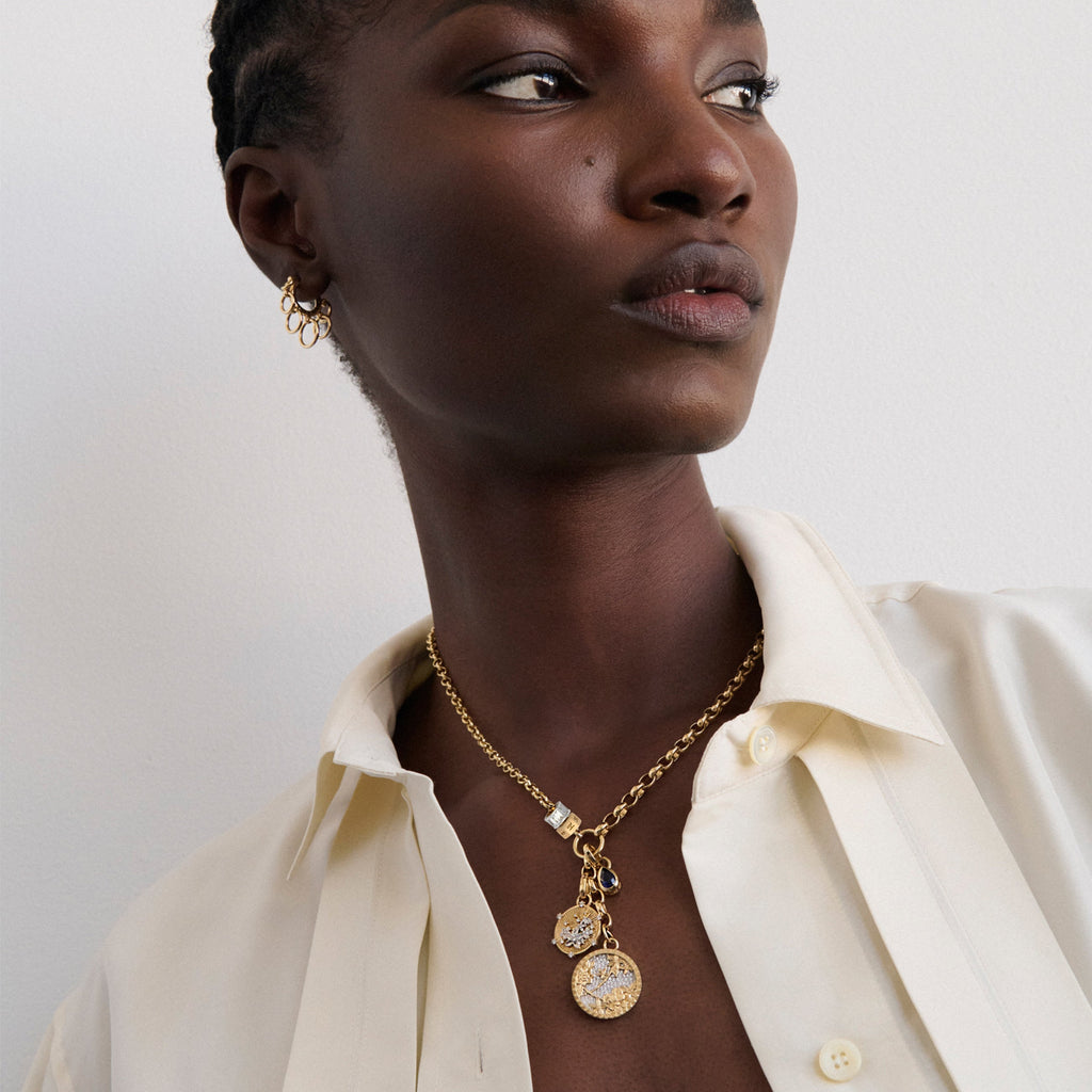 Personalized - Resilience | Pavé Floral Screen and Custom Heart Beat Heavy Mixed Belcher Extension Necklace | Diamonds, Blue Sapphire, Mixed Gold view 2