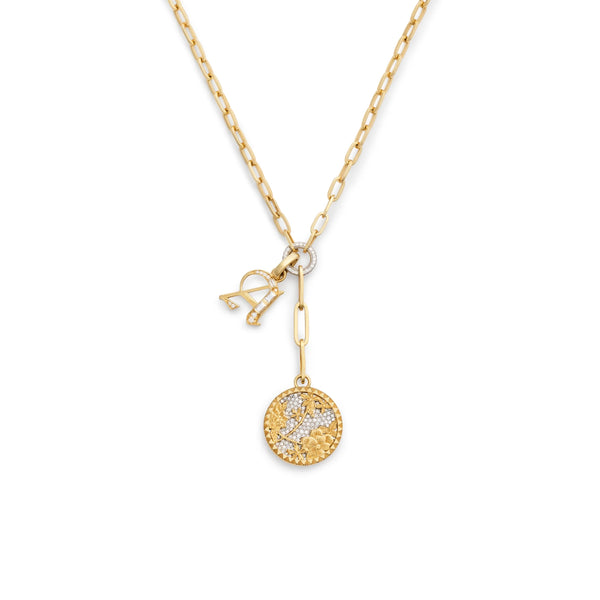 Personalized - Resilience | Pavé Floral Screen and Initial Medium Clip Extension Necklace | Diamonds, Yellow Gold