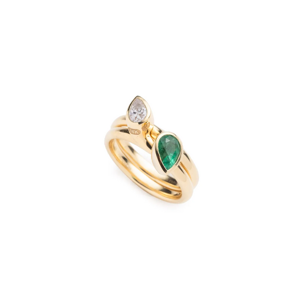True Love | Forever & Always a Pair Bookend Ring Stack | Diamond, Emerald, Yellow Gold