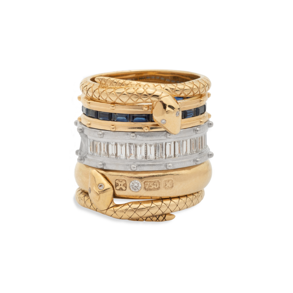 Lovestruck Pierced and Snake Bookend Ring Stack : in Mixed Gold with Baguette Diamonds and Blue Sapphire view 1