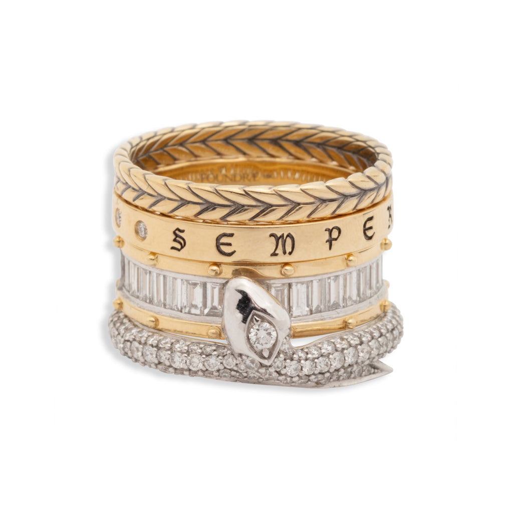 Semper Gratus and Snake Bookend Ring Stack: in Mixed Gold with Diamonds view 1