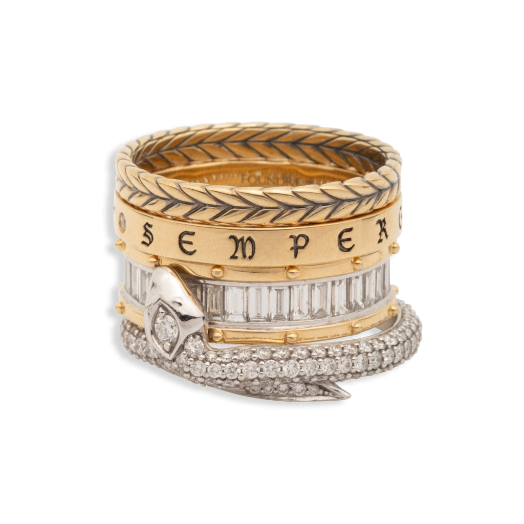 18K Mixed Gold Semper Gratus and Snake Bookend Ring Stack: in Mixed Gold with Diamonds – FoundRae view 3