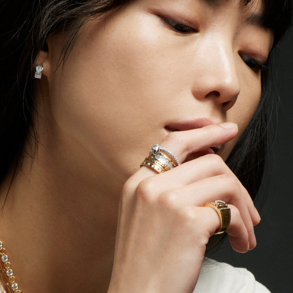 True Love - Infinite Gratitude | Lovestruck Pierced and Braided Wheat Pavé Bookend Ring Stack | Diamonds, Mixed Gold