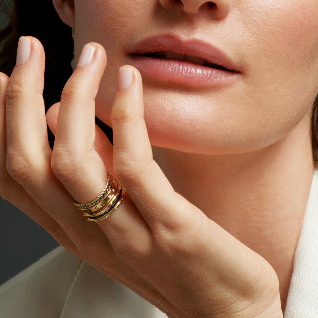 Semper Gratus and Lovestuck Pierced Thin Band Ring Stack : in Yellow Gold with Blue Sapphire view 2