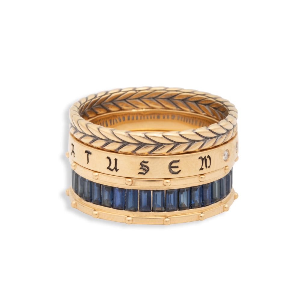 Semper Gratus and Lovestuck Pierced Thin Band Ring Stack : in Yellow Gold with Blue Sapphire view 1