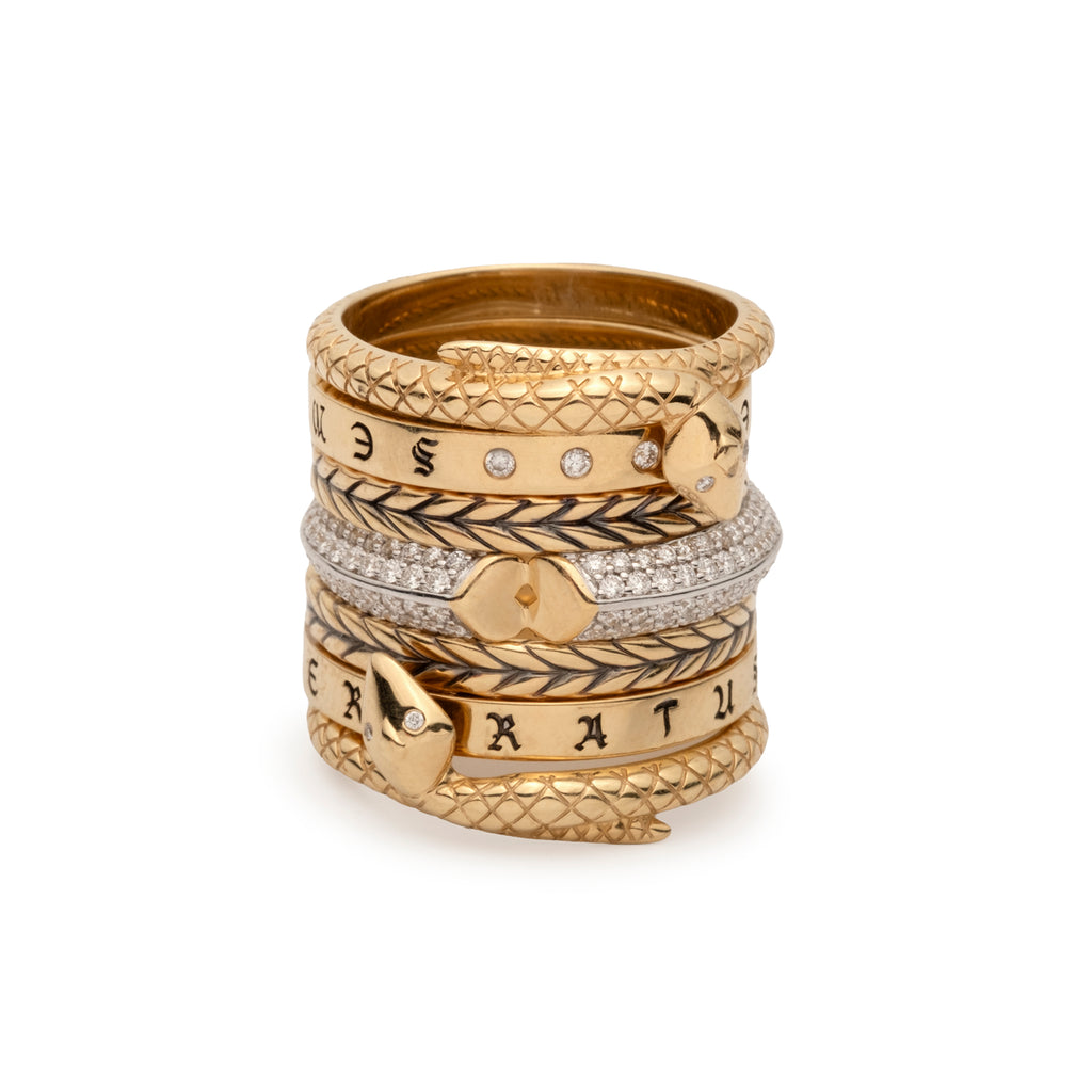 Semper Gratus and Strong Heart Ring Stack : in Mixed Gold with Diamonds view 1
