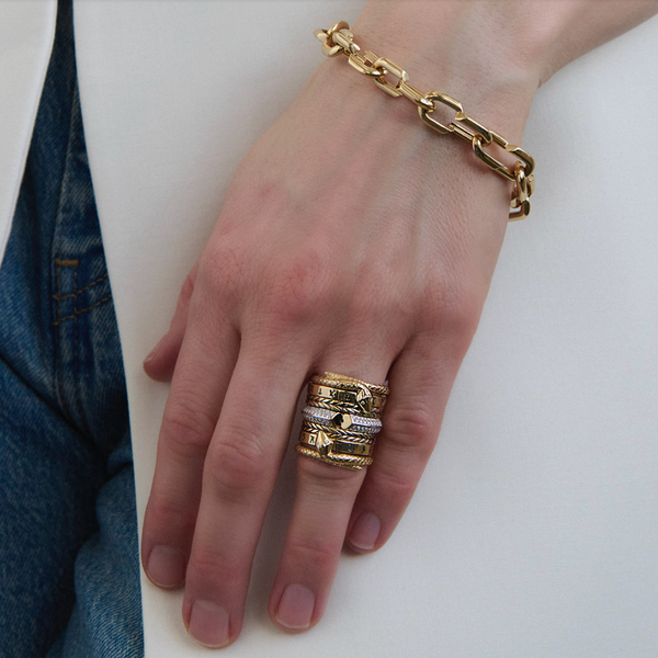 Semper Gratus and Strong Heart Ring Stack : in Mixed Gold with Diamonds