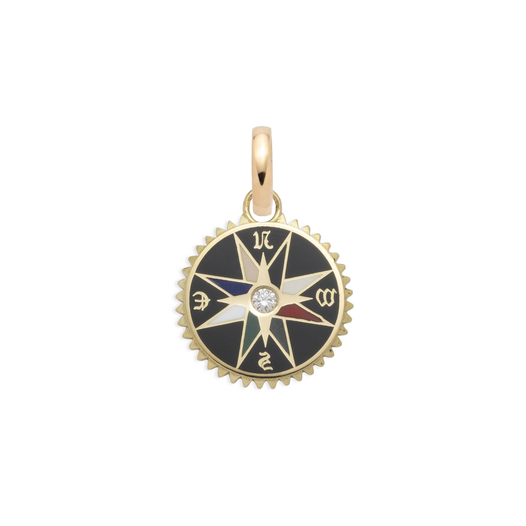 Internal Compass Black Ceramic Baby Medallion : in Yellow Gold with Diamond and an Annex Link view 1