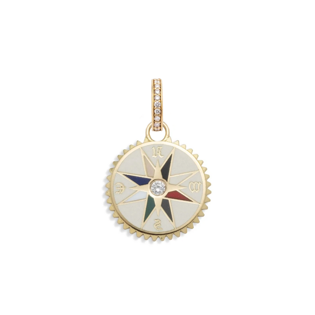 Internal Compass Cream Ceramic Baby Medallion : in Yellow Gold with Diamond and an Annex Link view 1