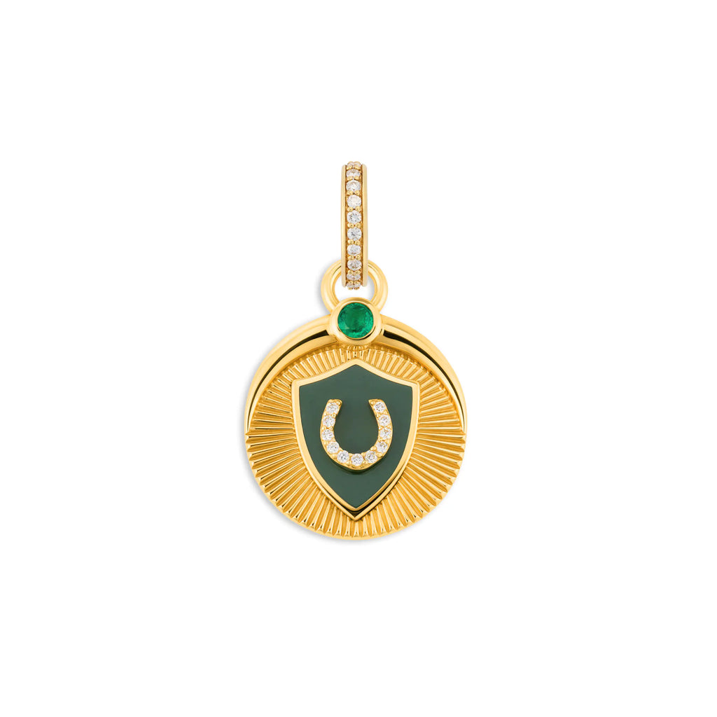 Protection | Ceramic Horseshoe Baby Medallion | Olive Ceramic, Diamonds, Emerald, 18K Yellow Gold view 1