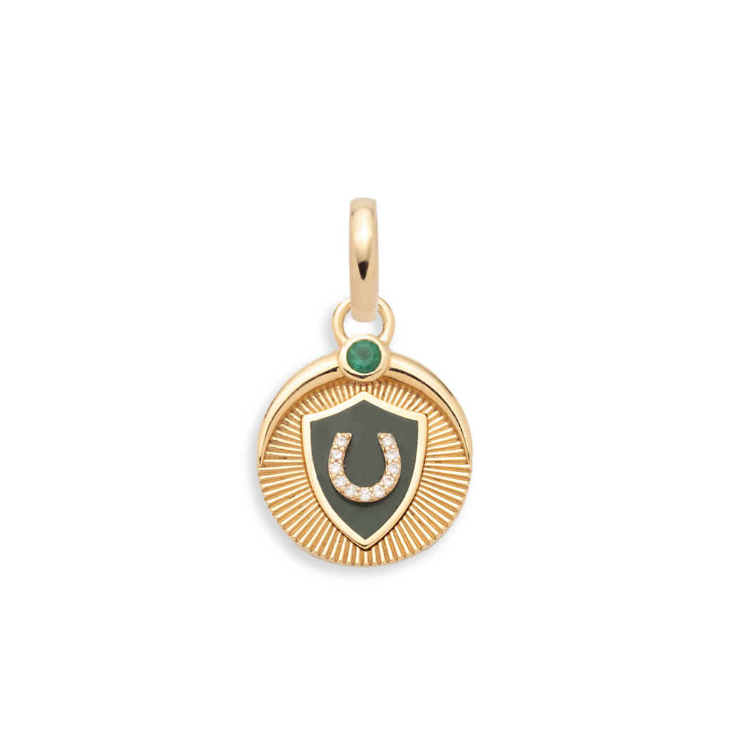 Protection Baby Ceramic Medallion : in Yellow Gold with Diamonds and Emerald with an Annex Link view 1
