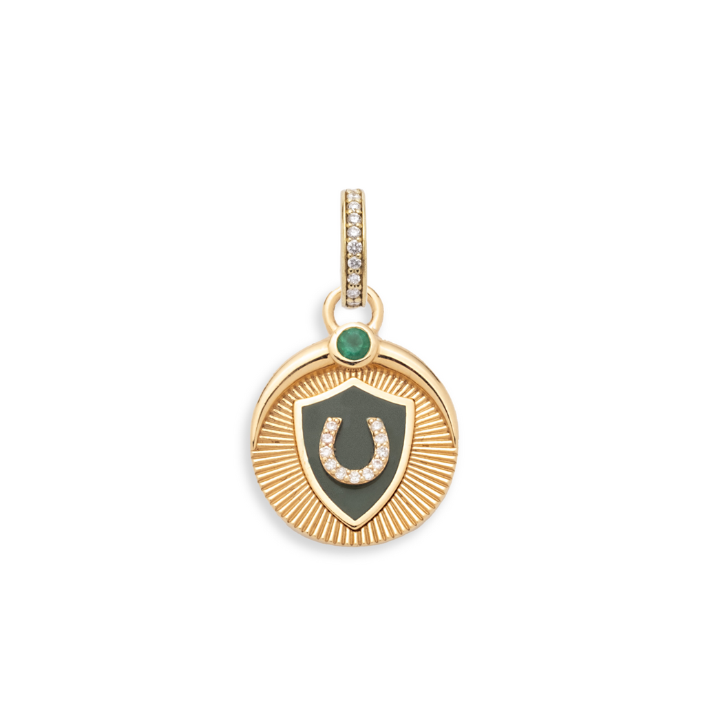 18K Yellow Gold Protection Baby Ceramic Medallion : in Yellow Gold with Diamonds and Emerald with an Annex Link – FoundRae view 2