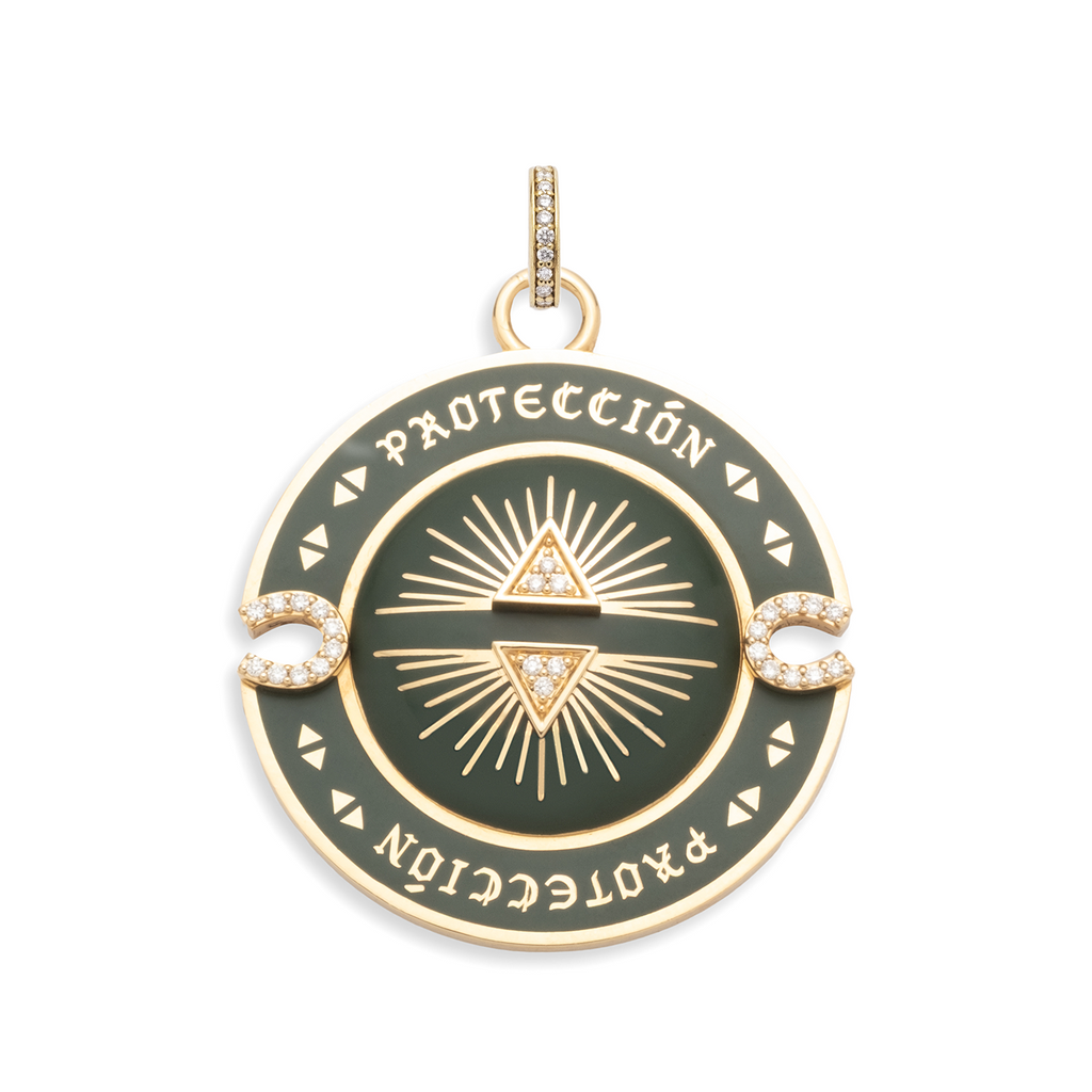 18K Yellow Gold Protection Large Olive Ceramic Medallion : in Yellow Gold with Diamonds and an Annex Link – FoundRae view 3