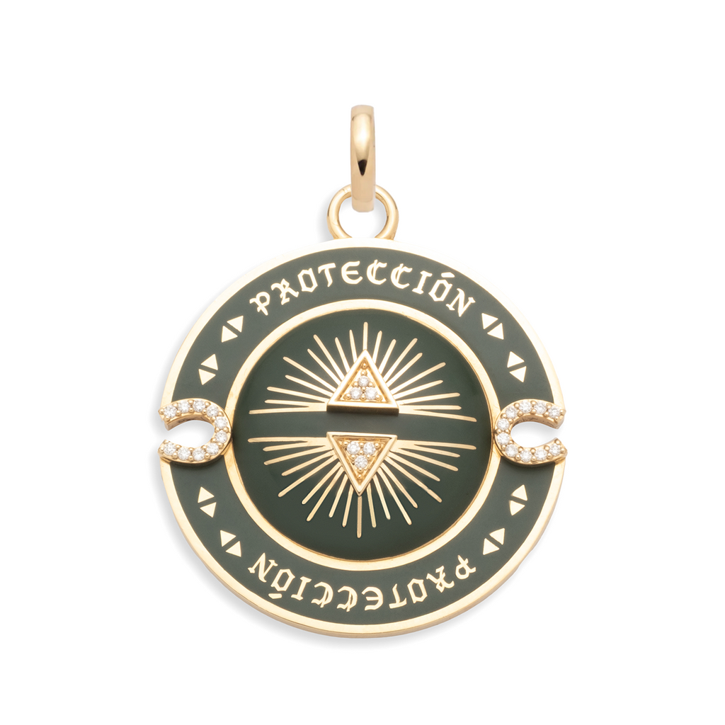 Protection Large Olive Ceramic Medallion : in Yellow Gold with Diamonds and an Annex Link view 1