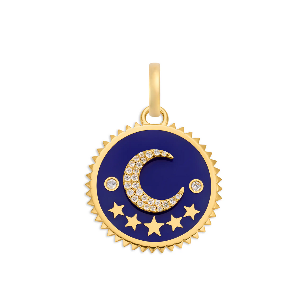 Infinite Gratitude | Ceramic Crescent Medium Medallion | Blue Ceramic, Diamonds, Yellow Gold view 1