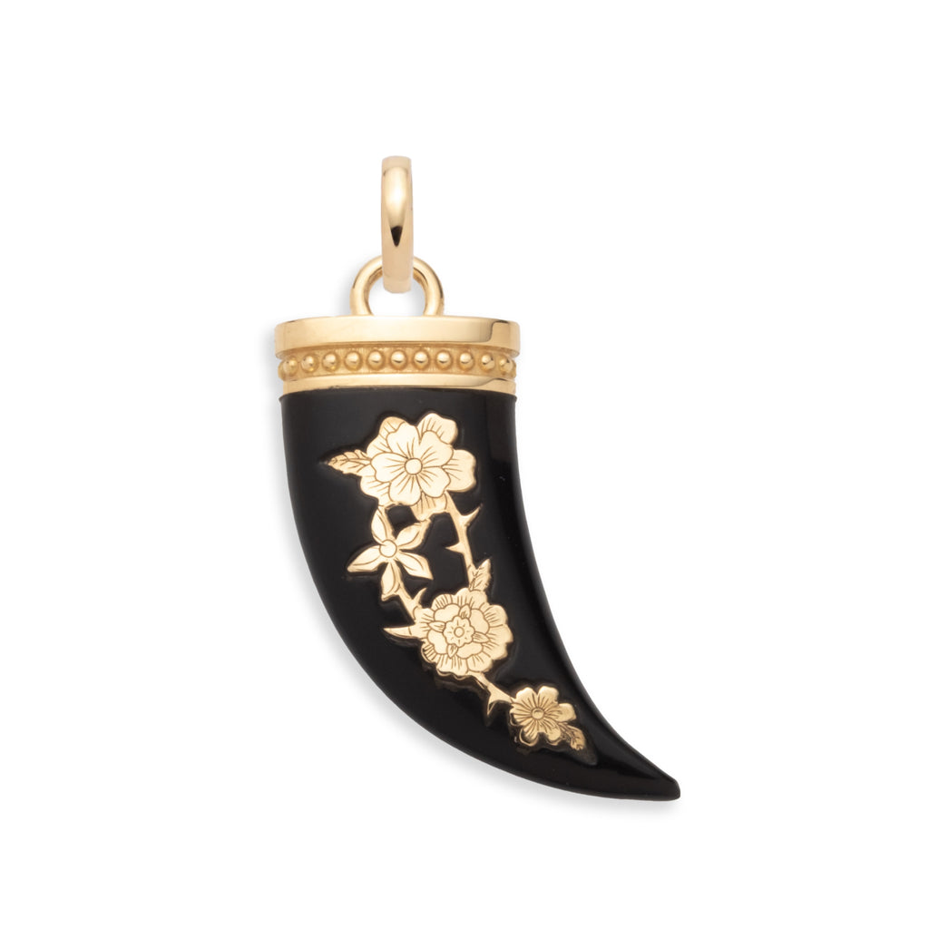Floral Inlay La Loba Claw Black Ceramic Pendant : in Yellow Gold with an Annex Link view 1
