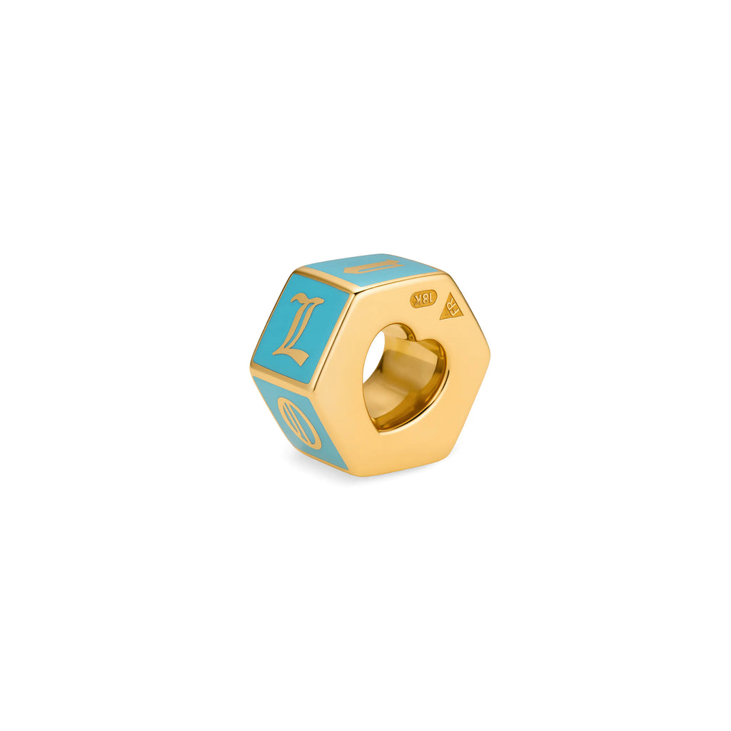 True Love | 'I Love U' Faceted Medium Heart Beat | Aqua Ceramic, 18K Yellow Gold view 1