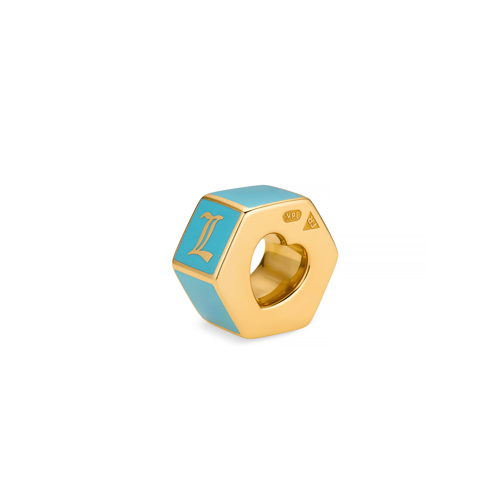 Personalized | Custom Faceted Medium Heart Beat | Aqua Ceramic, 18K Yellow Gold view 1
