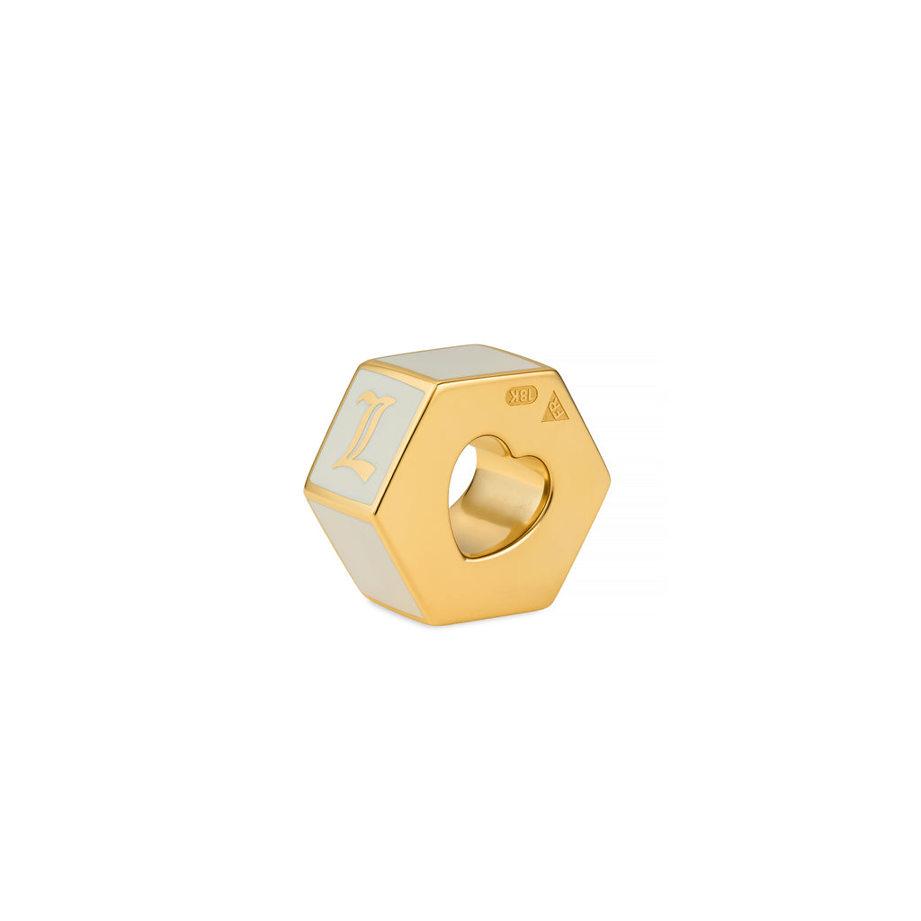 Personalized | Custom Faceted Medium Heart Beat | Cream Ceramic, 18K Yellow Gold view 1