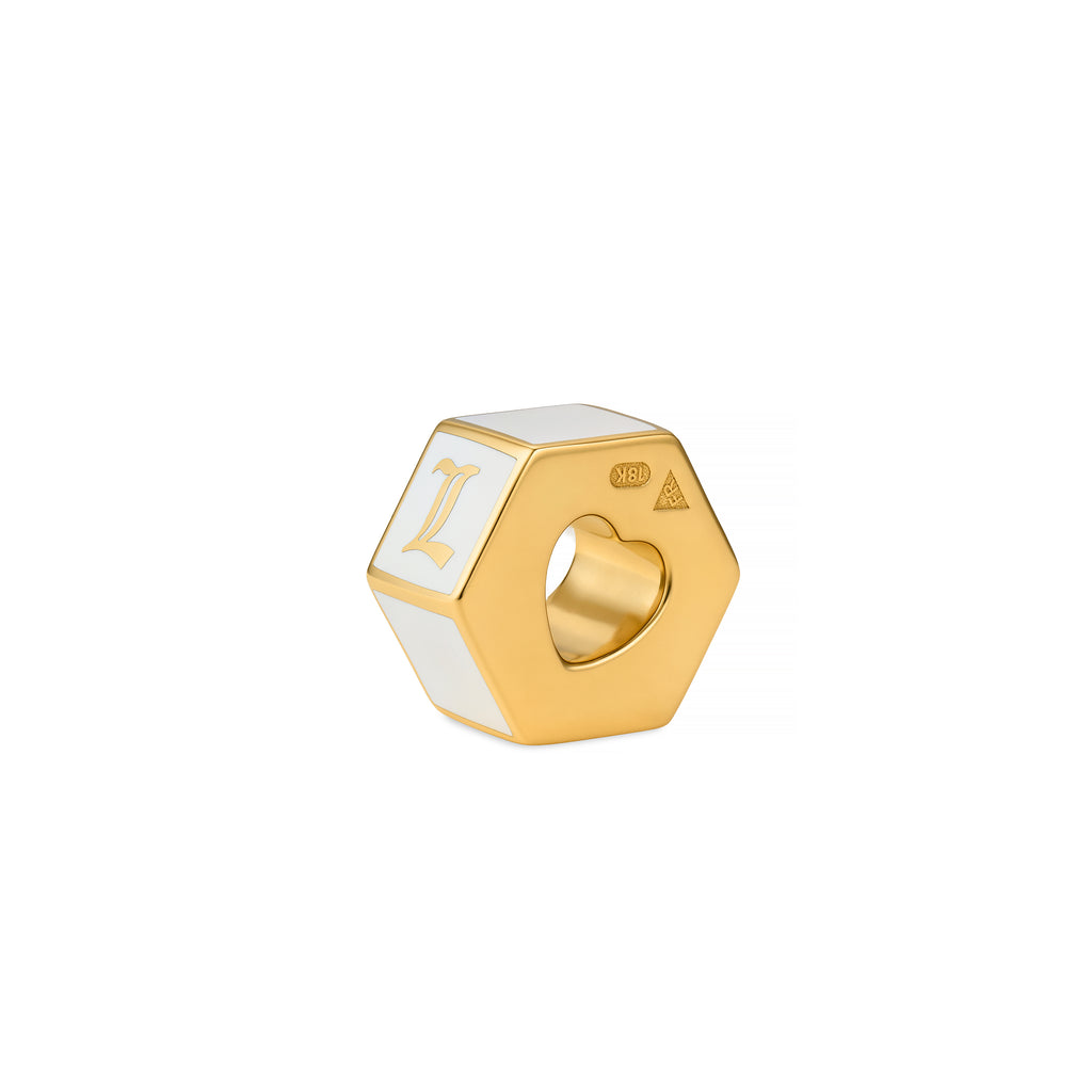 Personalized | Custom Faceted Medium Heart Beat | White Ceramic, 18K Yellow Gold view 1
