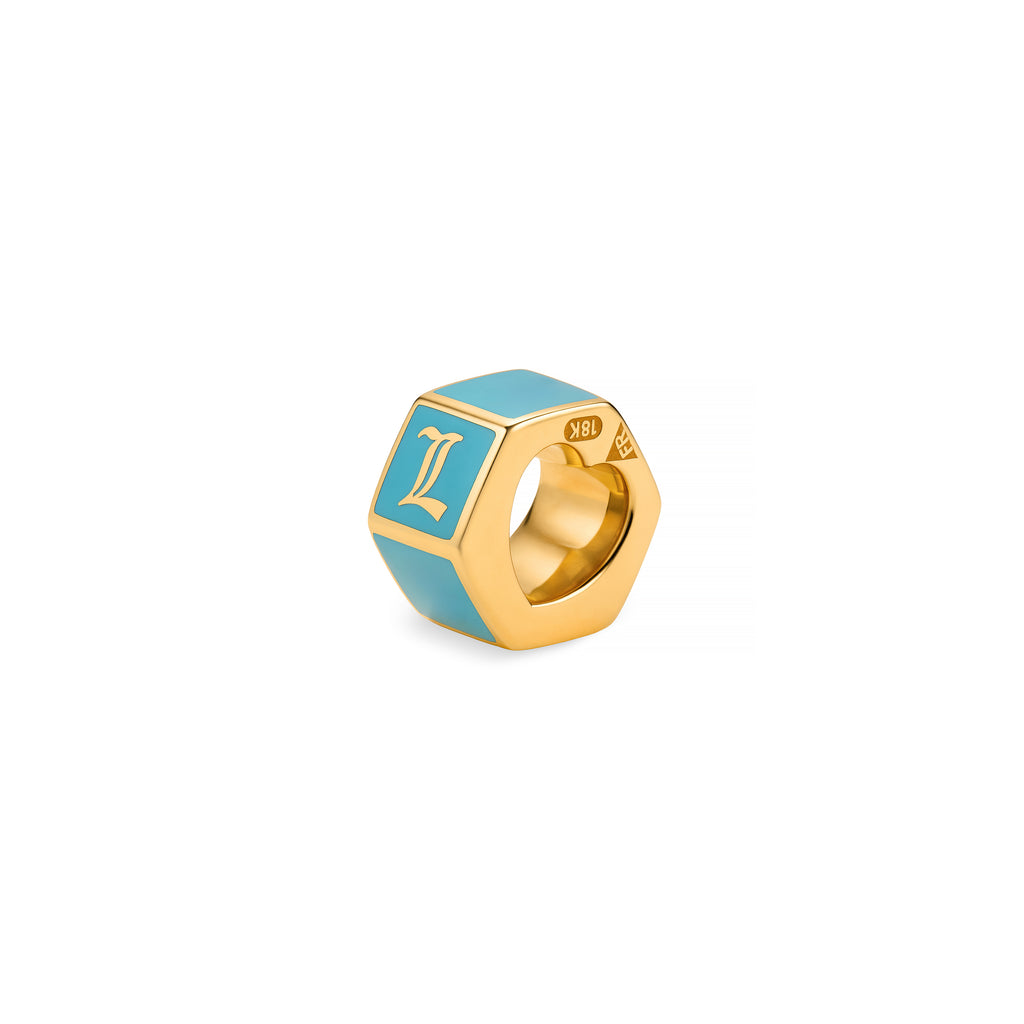 Personalized | Custom Faceted Small Heart Beat | Aqua Ceramic, 18K Yellow Gold view 1