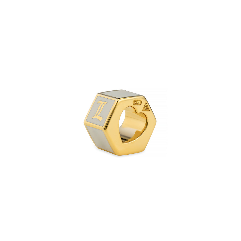 Personalized | Custom Faceted Small Heart Beat | Cream Ceramic, 18K Yellow Gold view 1
