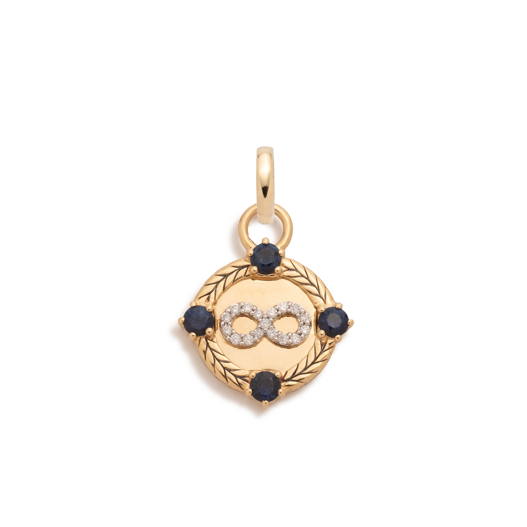 Infinity Braided Wheat Miniature Medallion : in Yellow Gold with Diamonds, Blue Sapphire, and an Annex Link view 1