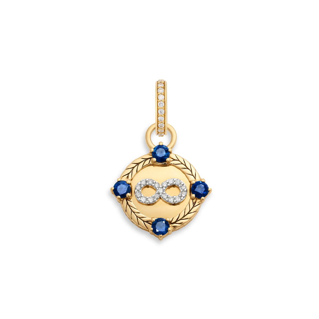 18K Yellow Gold Infinite Gratitude | Infinity Braided Wheat Gemstone Miniature Medallion | Diamonds, Blue Sapphire, 18K Yellow Gold – FoundRae view 3