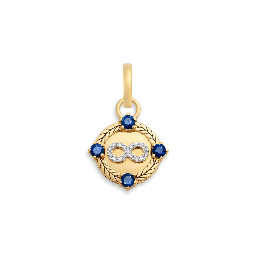 Infinite Gratitude | Infinity Braided Wheat Gemstone Miniature Medallion | Diamonds, Blue Sapphire, 18K Yellow Gold view 1