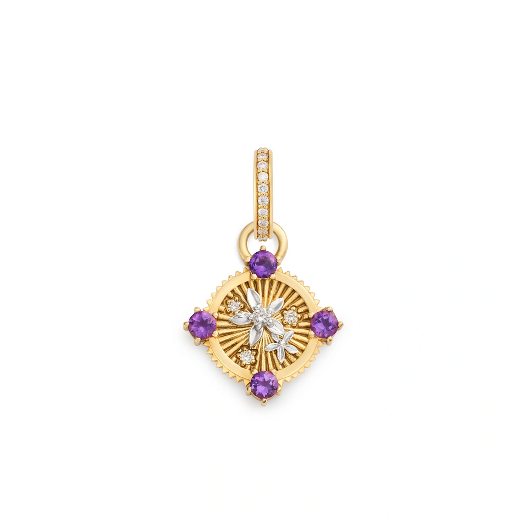 18K Mixed Gold Resilience | Blossoms Gemstone Miniature Medallion | Diamonds, Amethyst, Yellow Gold, White Gold – FoundRae view 3