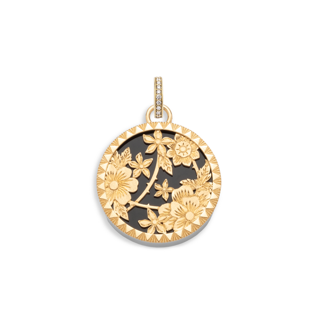18K Yellow Gold Resilience | Floral Screen on Stone Medium Medallion | Onyx, 18K Yellow Gold – FoundRae view 3