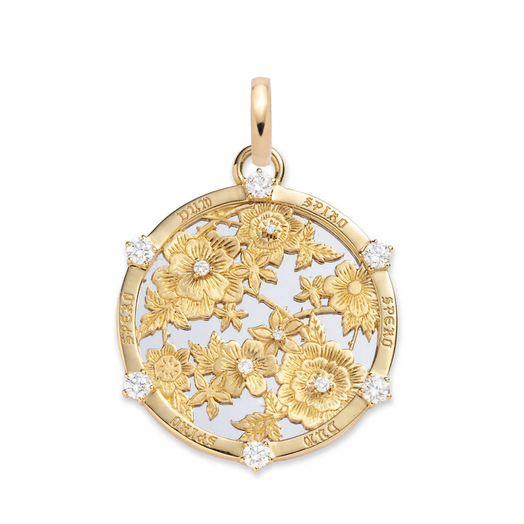 Floral Screen Resilience Large Medallion : in Mixed White Gold with Diamonds and an Annex Link view 1