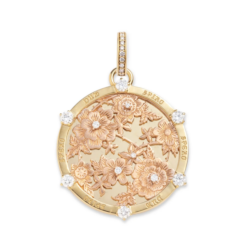 18K Mixed Gold Floral Screen Resilience Large Medallion : in Mixed Rose Gold with Diamonds and an Annex Link – FoundRae view 3