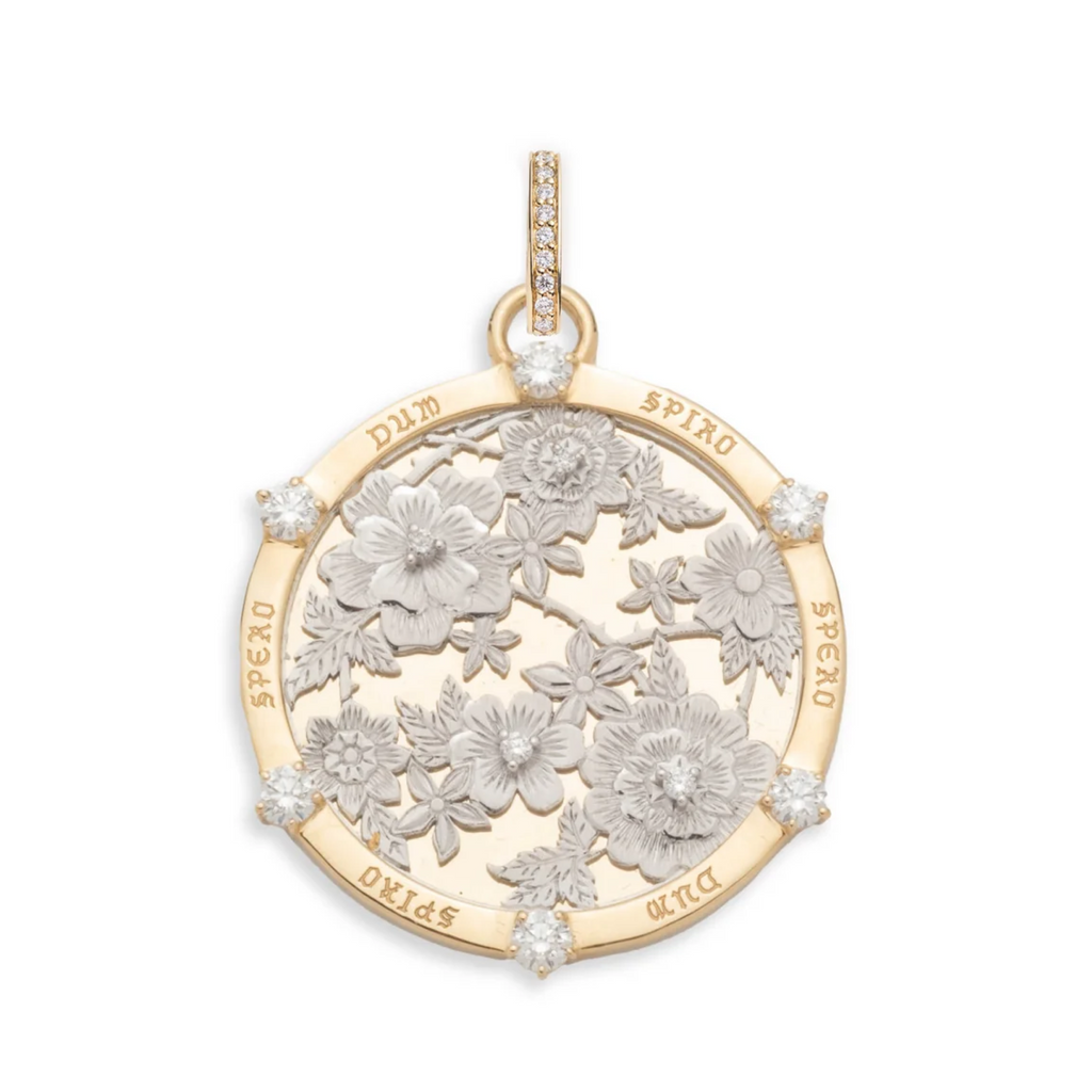 18K Mixed Gold Floral Screen Resilience Large Medallion : in Mixed Yellow Gold with Diamonds and an Annex Link – FoundRae view 3