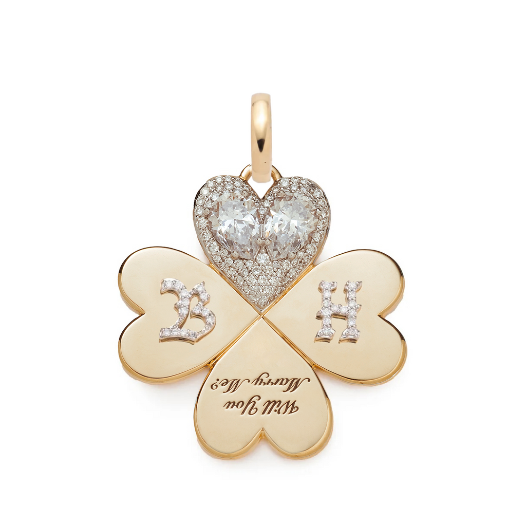 Custom Will You Marry Me Large Pendant : in Yellow Gold with Pear Diamonds with an Annex Link view 1