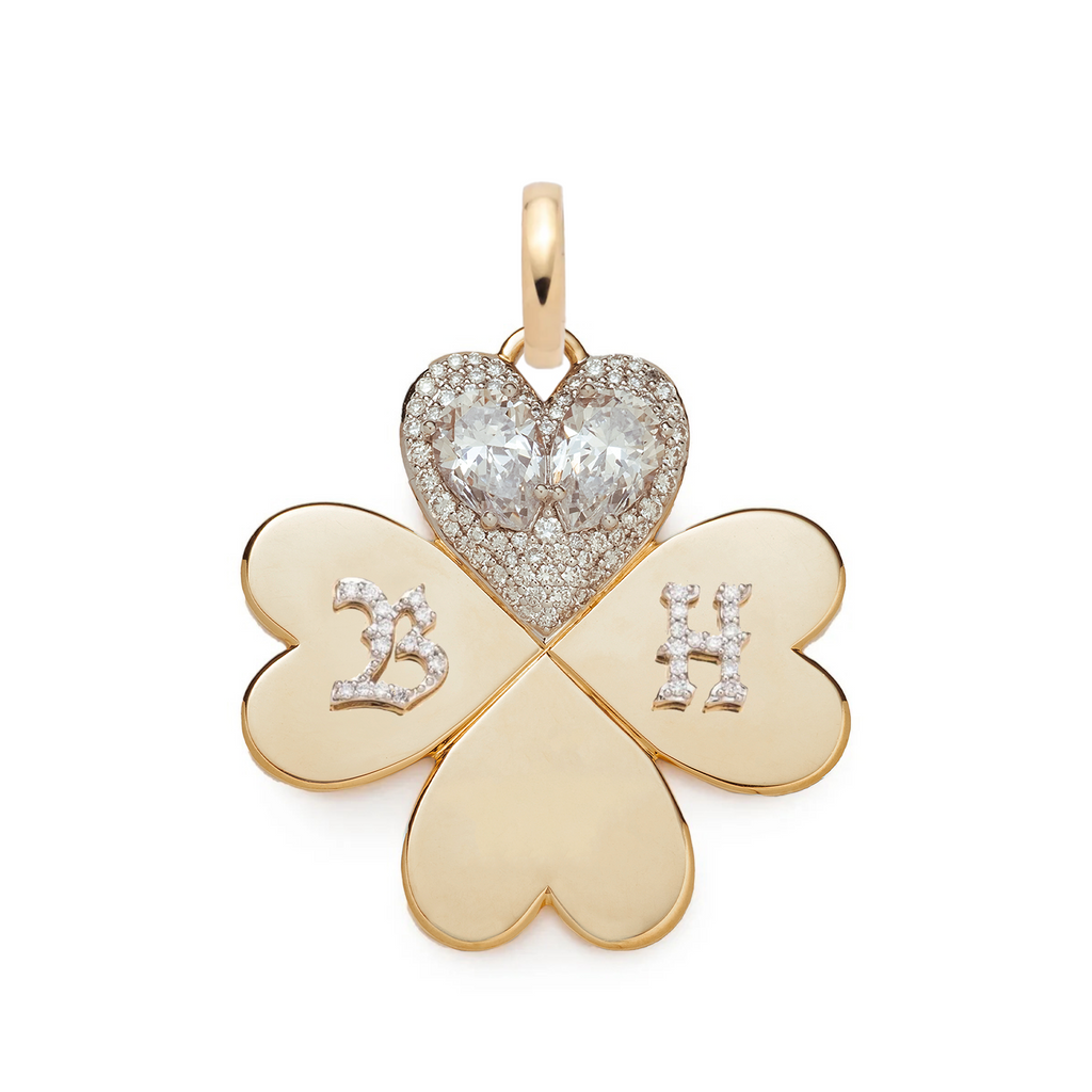 Custom Four Heart Clover Large Pendant : in Yellow Gold with Pear Diamonds with an Annex Link view 1